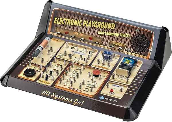 Slanted black console with spring terminals and electronic parts on a tan faceplate for hands-on circuit experiments.