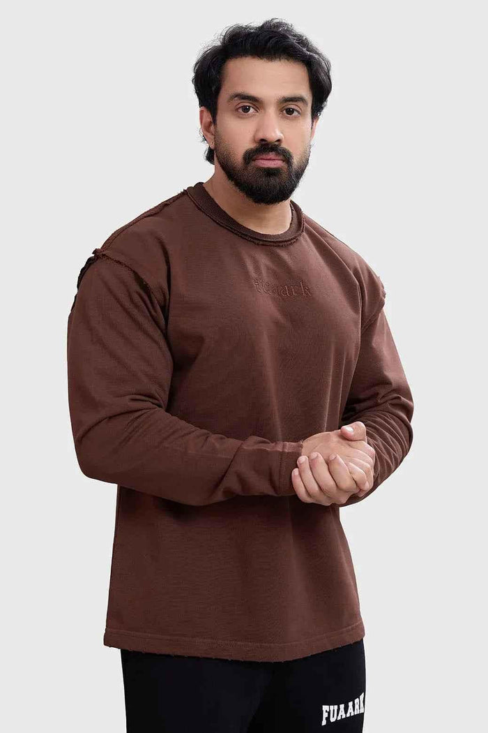 Brown Shell Raw Sweatshirt by Fuaark Nz, casual sweatshirt with a cozy fit and textured shell pattern, ideal for comfortable everyday wear.
