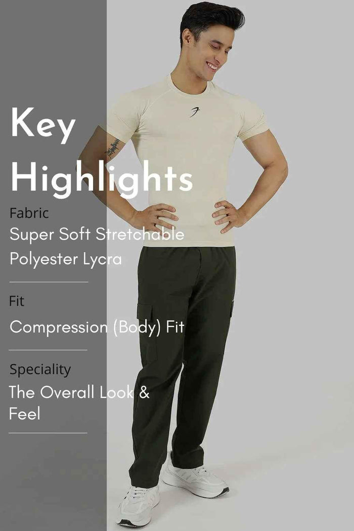 Beige Fuaark Nz compression T-shirt for men, designed for athletic performance and active wear.