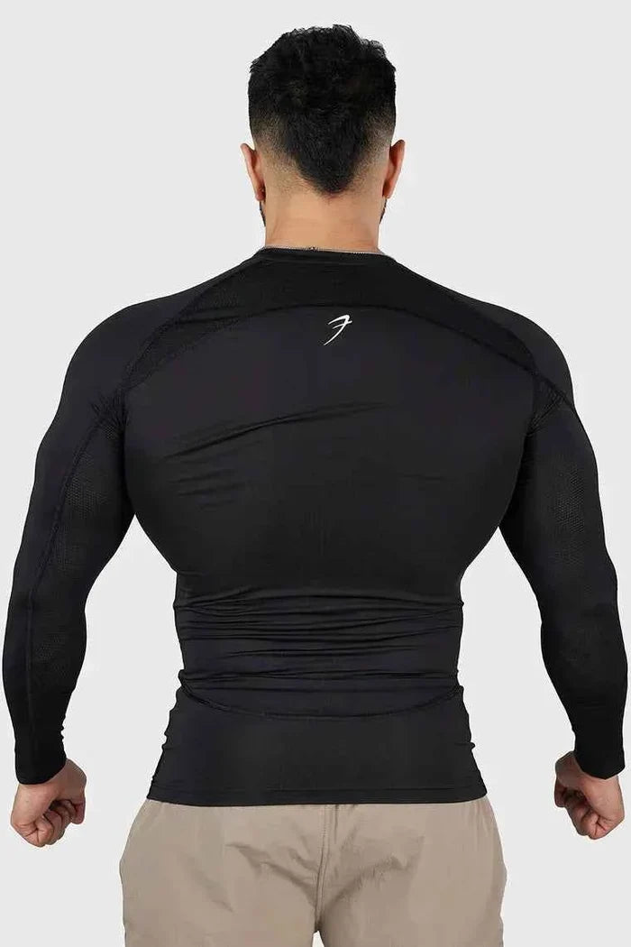 Black compression full sleeve T-shirt by Fuaark Nz designed for athletes and active wear, showcasing a sleek, fitted look.