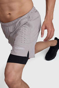 Fuaark Nz men's 2-in-1 laser workout shorts in beige and black, featuring a sleek athletic design for active fitness.