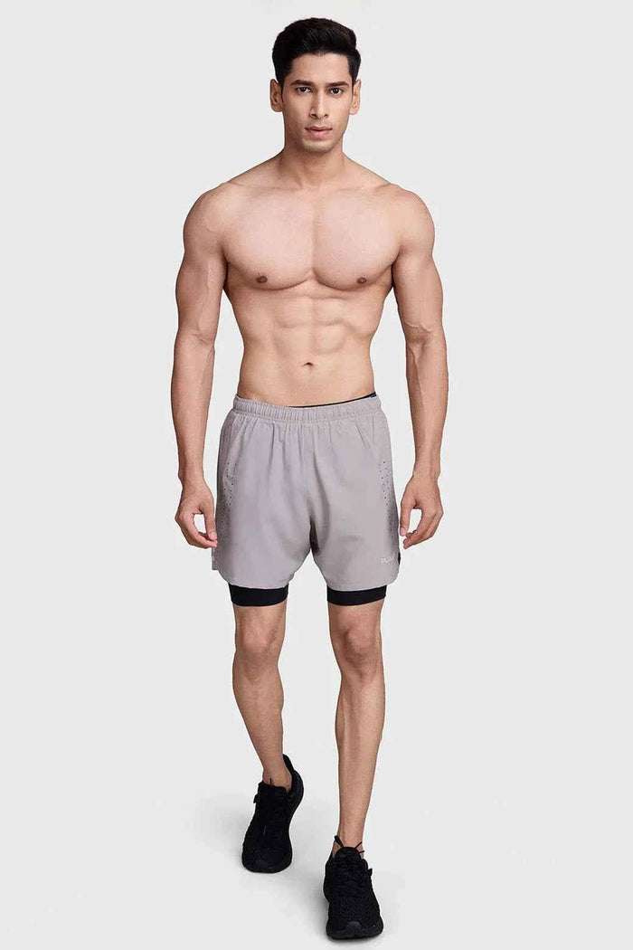 Fuaark Nz men's 2-in-1 laser workout shorts in beige and black, featuring a comfortable fit and athletic design.