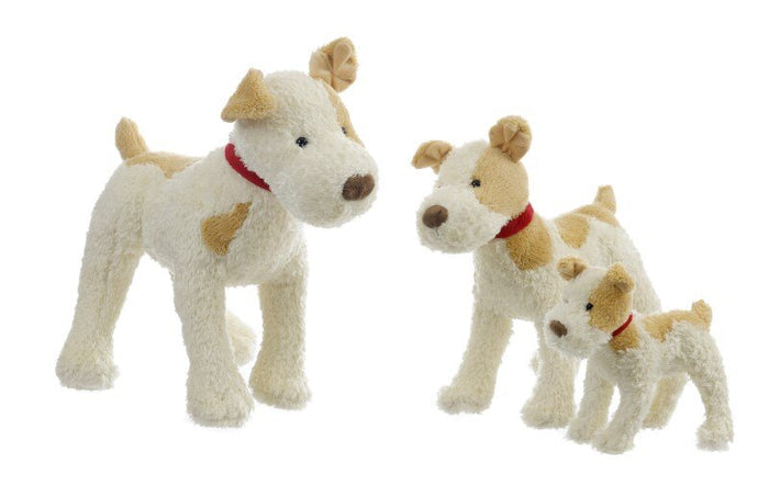 Three standing white and tan plush dogs with red collars in small, medium, and large sizes on a white background.