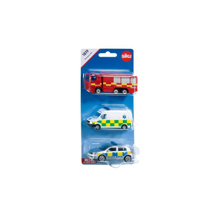 Three Siku toy vehicles: red fire truck, white/green ambulance, and silver/blue police car in a blue blister pack.