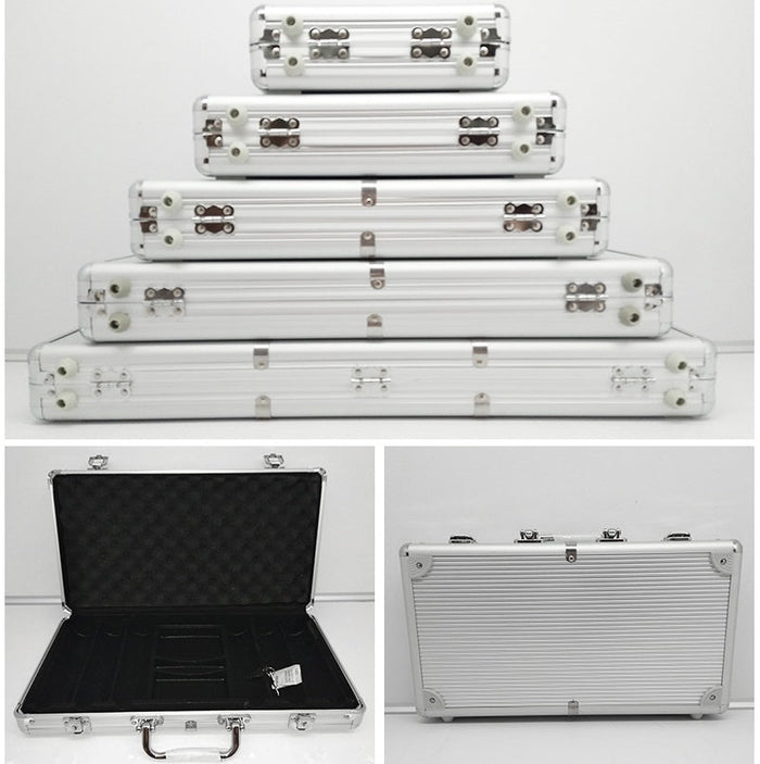 Empty poker chip case from dealonline.co.nz, black plastic storage box for poker chips, open with compartments visible.