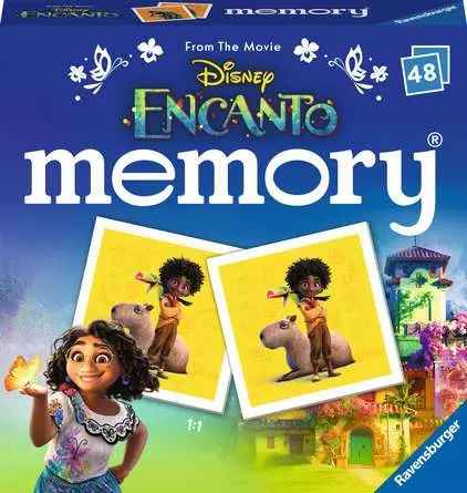 Blue memory game box featuring Mirabel with a butterfly and two matching cards showing Antonio on a capybara.