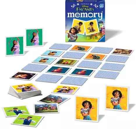 Blue Disney Encanto game box and square character tiles with vibrant backgrounds spread on a white surface.