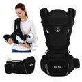 Black Baby Way NZ ergonomic multi-function baby carrier with hip seat for ages 0-36 months, made of soft-structured material.