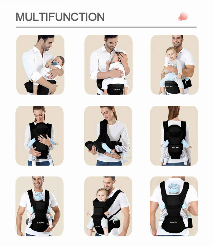 Black ergonomic Baby Way NZ soft-structured baby carrier with hip seat for ages 0-36 months, featuring adjustable straps and padded support.