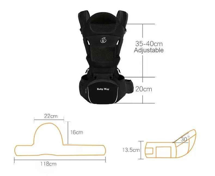 Black Baby Way NZ ergonomic multi-function baby carrier with hip seat, suitable for ages 0-36 months, soft-structured design.