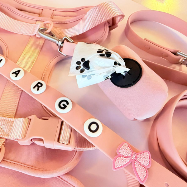 Blush pink Walkieez Essential Dog Lead with no-pull harness for dogs, shown on a dog harness in New Zealand.