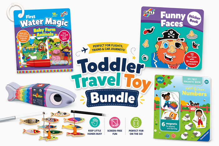 Four colorful travel toys: a water magic book, pirate sticker book, magnetic fish game, and farm themed magnetic book.