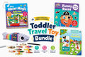 Four colorful travel toys: a water magic book, pirate sticker book, magnetic fish game, and farm themed magnetic book.