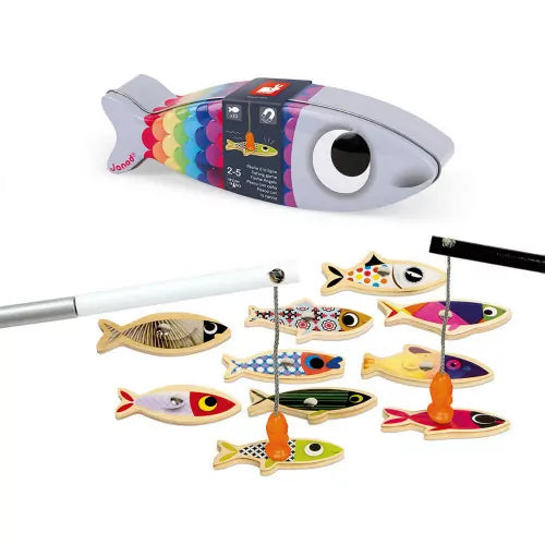 Rainbow fish-shaped tin container with colorful patterned wooden fish and two magnetic fishing poles.