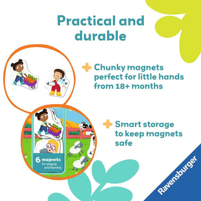 Ravensburger chunky farm magnet set for toddlers featuring colorful character illustrations and integrated storage folder.