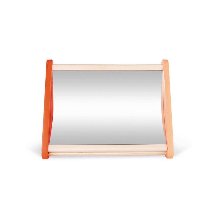 Rectangular wooden mirror toy with light wood rails and bright orange side panels.