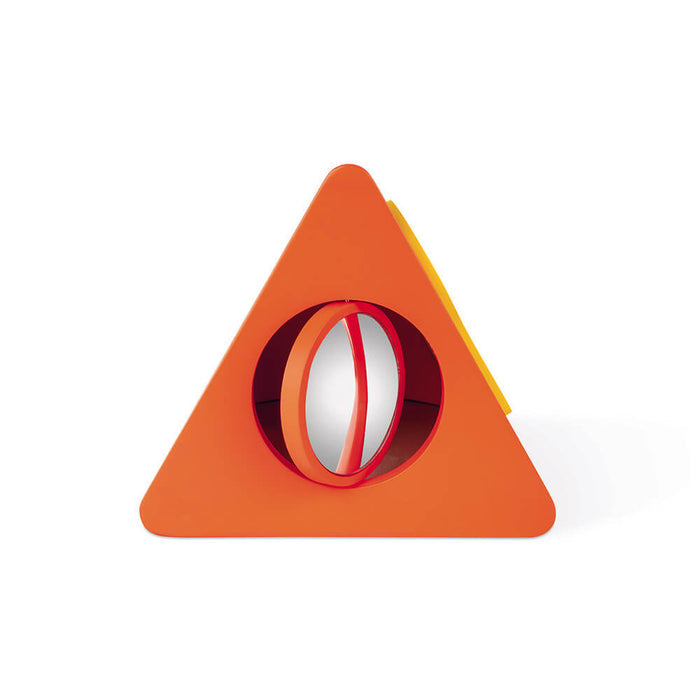 Orange triangular wooden toy with a circular cutout and a rotating round mirror inside.