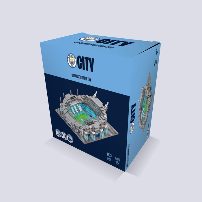 Blue box for a 1163-piece Manchester City building toy featuring an image of the completed Etihad Stadium model.