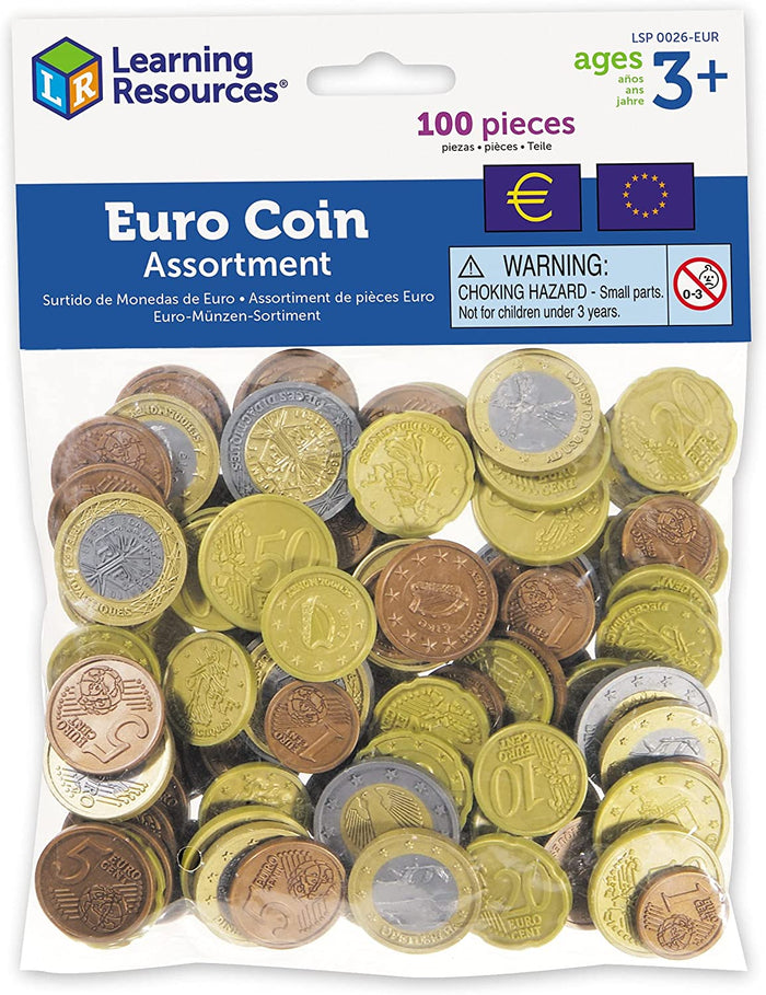 Assorted gold, silver, and copper toy Euro coins in a clear plastic bag with a blue and white header label.