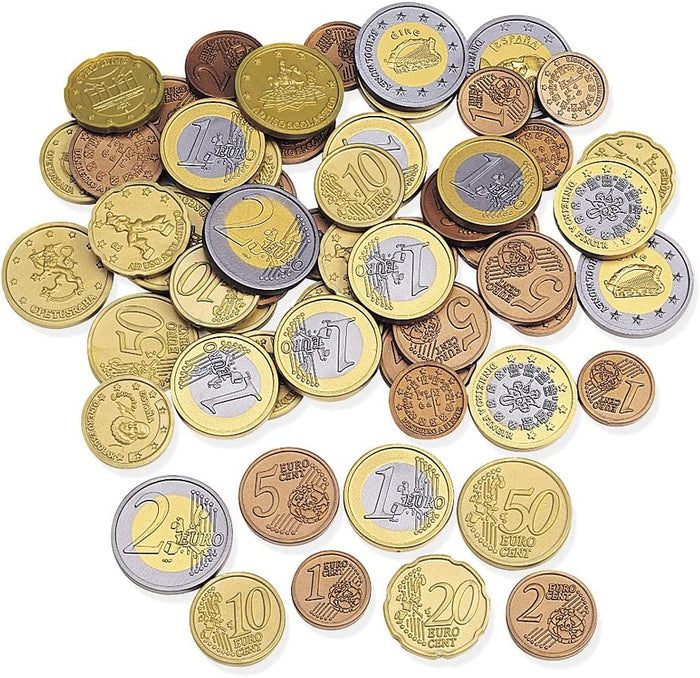 A scattered pile of realistic plastic play Euro coins in gold, silver, and copper tones with embossed denominations.