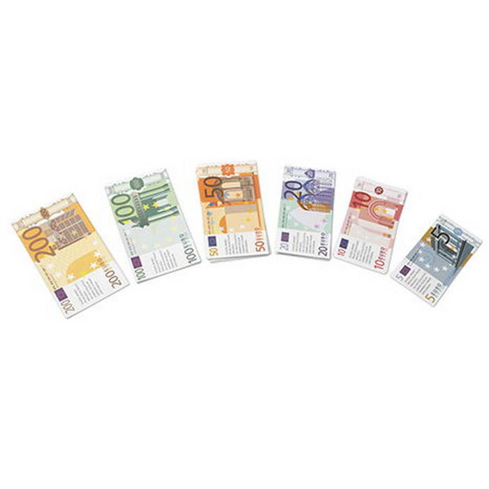 Stacks of play Euro currency notes in denominations of 200, 100, 50, 20, 10, and 5 fanned out on white.