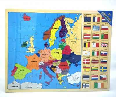 Wooden puzzle featuring a multi-colored map of Europe and a side column of labeled national flags.