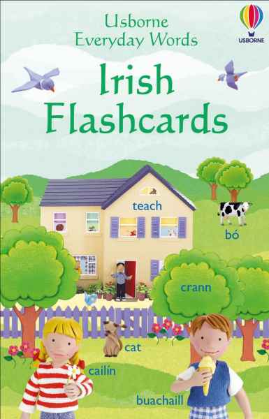 Cartoon cover showing a yellow house, cow, and kids in a green field with Irish labels like cat, bó, and teach.