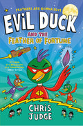 Book cover with a green duck in a red superhero mask holding a glowing purple feather against a starry blue sky.