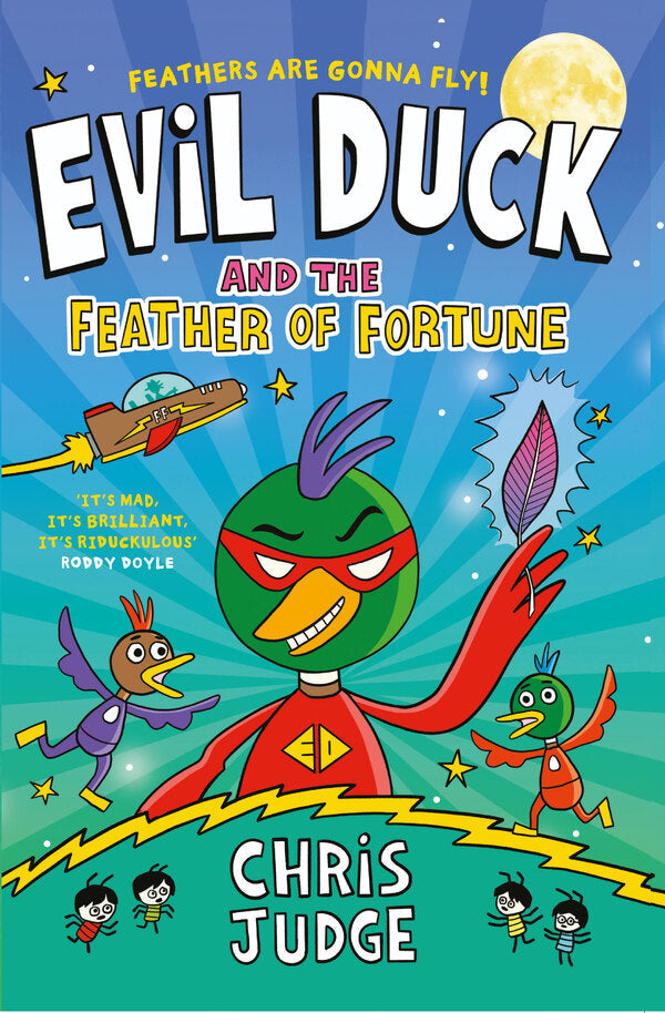 Book cover with a green duck in a red superhero mask holding a glowing purple feather against a starry blue sky.