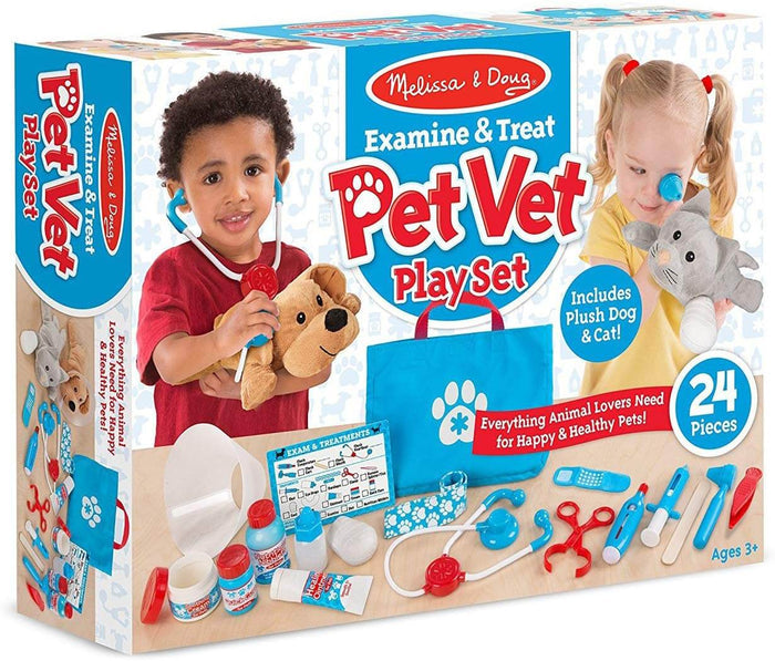 Toy packaging showing kids playing with plush pets and 24 medical accessories like a stethoscope and blue carry bag.