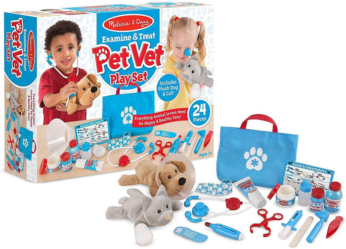 Toy vet kit with plush animals, blue bag, and 24 colorful medical tools shown with its illustrated packaging box.