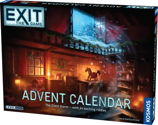 Game box showing a cozy workshop interior with a rocking horse, presents, and snow blowing through an open window.