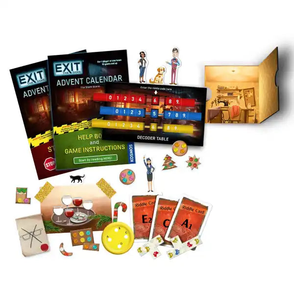 EXIT game pieces: decoder table with colored sliding bars, manuals, character standees, cards, and an open room box.