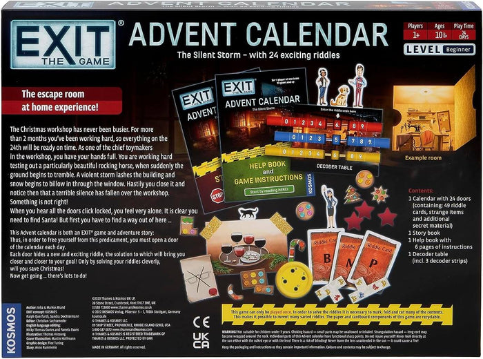 Back of game box featuring green instructions, a decoder table with sliders, riddle cards, and a cozy room illustration.