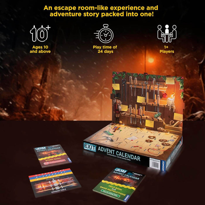Open workshop-themed advent calendar featuring a nutcracker, 24 doors, storybooks, and a decoder table card.