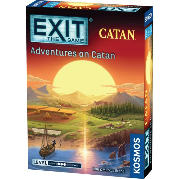 Board game box with a warm sunset landscape showing mountains, grain fields, sheep, and a sailboat in a coastal harbor.
