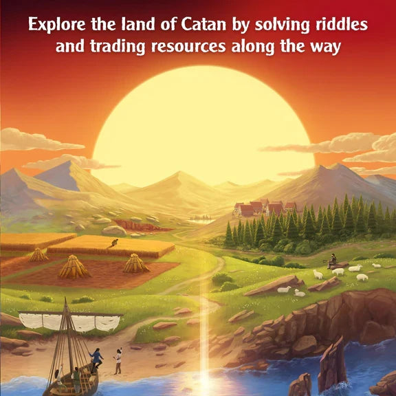 Landscape illustration of Catan at sunrise with fields of wheat, grazing sheep, and a ship arriving at the coast.