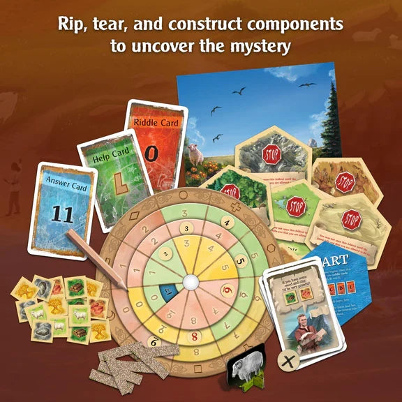 Game components including a colorful decoder disk, hexagonal stop tiles, resource tokens, cards, and a pencil.