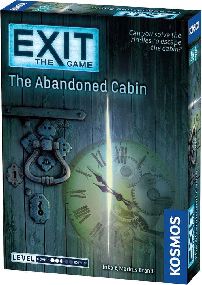 Dark teal board game box with a weathered wooden door, rusty knocker, and a glowing clock face with Roman numerals.