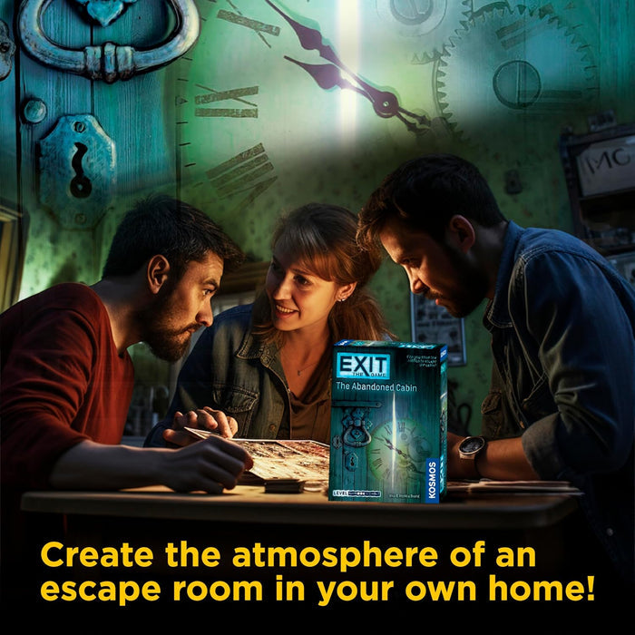 Three adults playing EXIT: The Abandoned Cabin board game with an atmospheric clock and door graphic overlay.