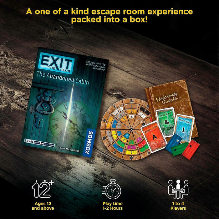 Teal escape room box with a clock face, wooden decoder wheel, and cards on dark wood with ages 12+ and player icons.