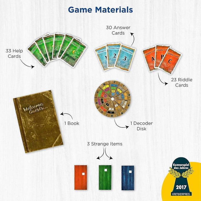 Game materials: green, blue, and red cards, a round decoder disk, a worn brown book, and 3 door-shaped pieces.