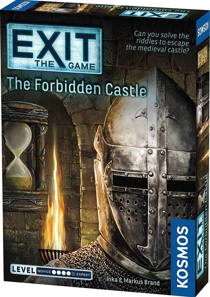 Board game box featuring a knight's helmet, a flaming torch, and an hourglass against a stone castle wall.
