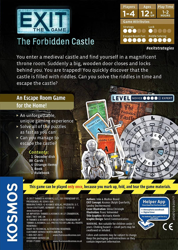 Back of board game box featuring a knight, decoder disk, and cards against a dark medieval castle background.