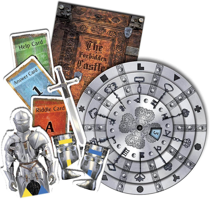 Weathered brown book, silver circular decoder wheel with key icons, knight standee, and colorful playing cards.
