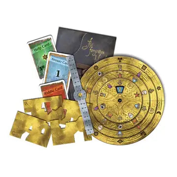 Gold decoding wheel, green, blue, and red cards, and gold puzzle pieces for an escape room board game.