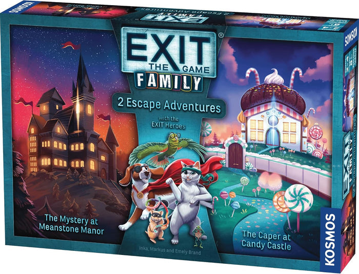 Blue board game box showing a dark manor, a colorful candy castle, and five heroic animals wearing capes and masks.