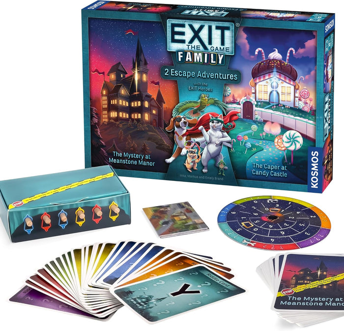 EXIT Family game box with manor and candy castle art, fanned riddle cards, a decoder wheel, and wooden game pieces.