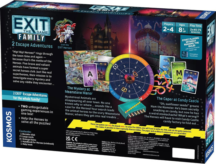 Back of board game box featuring animal heroes, a colorful decoder disk, cards, and two escape room adventure themes.