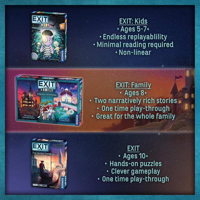 A starry chart comparing EXIT games. The Family box features a spooky manor and a colorful candy castle. For ages 8 plus.